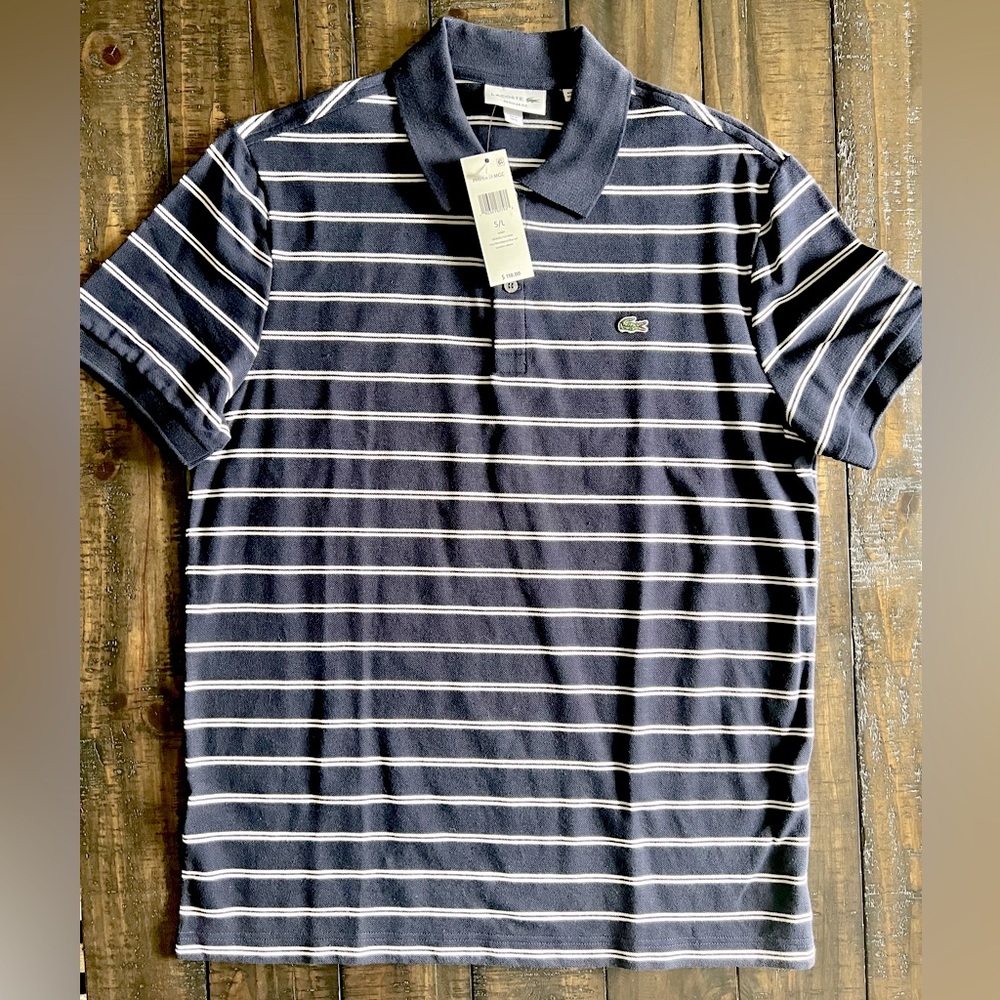 Lacoste Men’s Navy Blue White Striped Polo Large New!